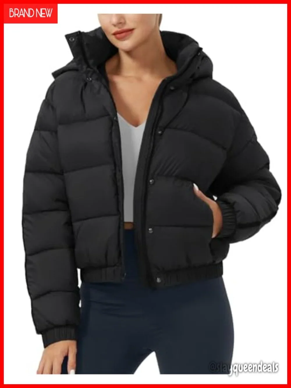 Cropped Puffer Jacket with Hood Waterproof Winter Coat Down Alternative